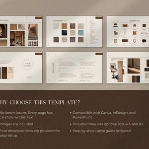 May include: A template design with multiple pages showcasing interior design concepts. The pages include inspiration boards, material palettes, and shopping lists. The design features a neutral color palette with text that reads "WHY CHOOSE THIS TEMPLATE?"