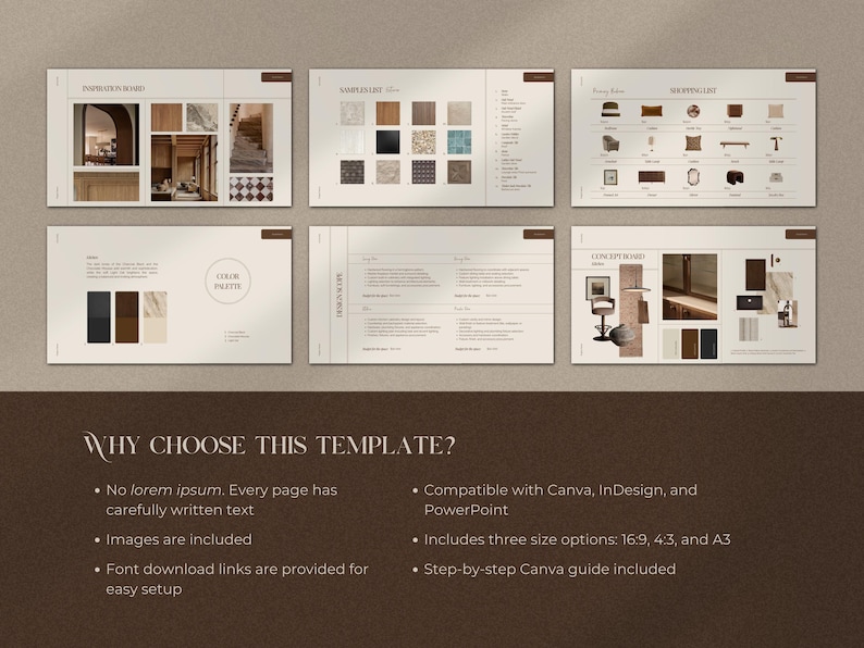 May include: A template design with multiple pages showcasing interior design concepts. The pages include inspiration boards, material palettes, and shopping lists. The design features a neutral color palette with text that reads "WHY CHOOSE THIS TEMPLATE?"