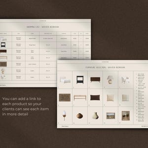 May include: A shopping list and furniture selection guide for a master bedroom. The list includes items such as a bed, bedside table, rug, lamps, and artwork. The furniture selection guide shows images of each item and includes a description and a number for each item.