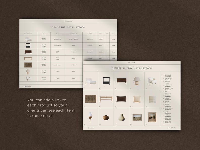 May include: A shopping list and furniture selection guide for a master bedroom. The list includes items such as a bed, bedside table, rug, lamps, and artwork. The furniture selection guide shows images of each item and includes a description and a number for each item.