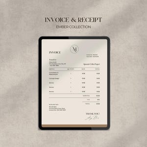 Op de afbeelding: Een digitale factuur op een tablet, met de tekst "INVOICE & RECEIPT" en "EMBER COLLECTION." De factuur bevat details zoals servicebeschrijvingen, hoeveelheden en bedragen. Het ontwerp is minimalistisch met een neutraal kleurenpalet.