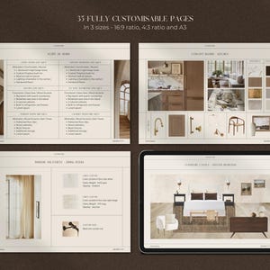 May include: A set of four interior design mood boards with a beige background. The boards feature images of a living room, kitchen, dining room, and bedroom. Each board includes a list of design elements and materials.