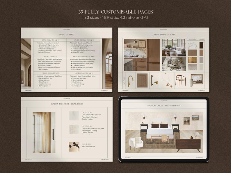 May include: A set of four interior design mood boards with a beige background. The boards feature images of a living room, kitchen, dining room, and bedroom. Each board includes a list of design elements and materials.