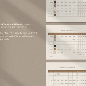 May include: A digital document template featuring three tables titled Floor Finishes Schedule and Plumbing Fixtures Schedule. The text states: Automatic calculations are now available on the Canva version. Simply enter the quantity and unit cost.