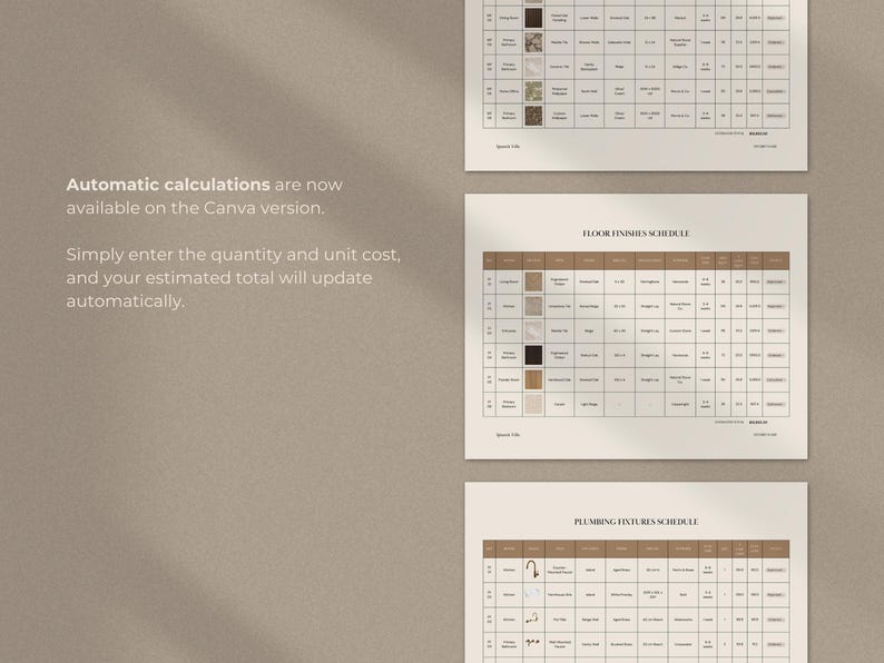 May include: A digital document template featuring three tables titled Floor Finishes Schedule and Plumbing Fixtures Schedule. The text states: Automatic calculations are now available on the Canva version. Simply enter the quantity and unit cost.