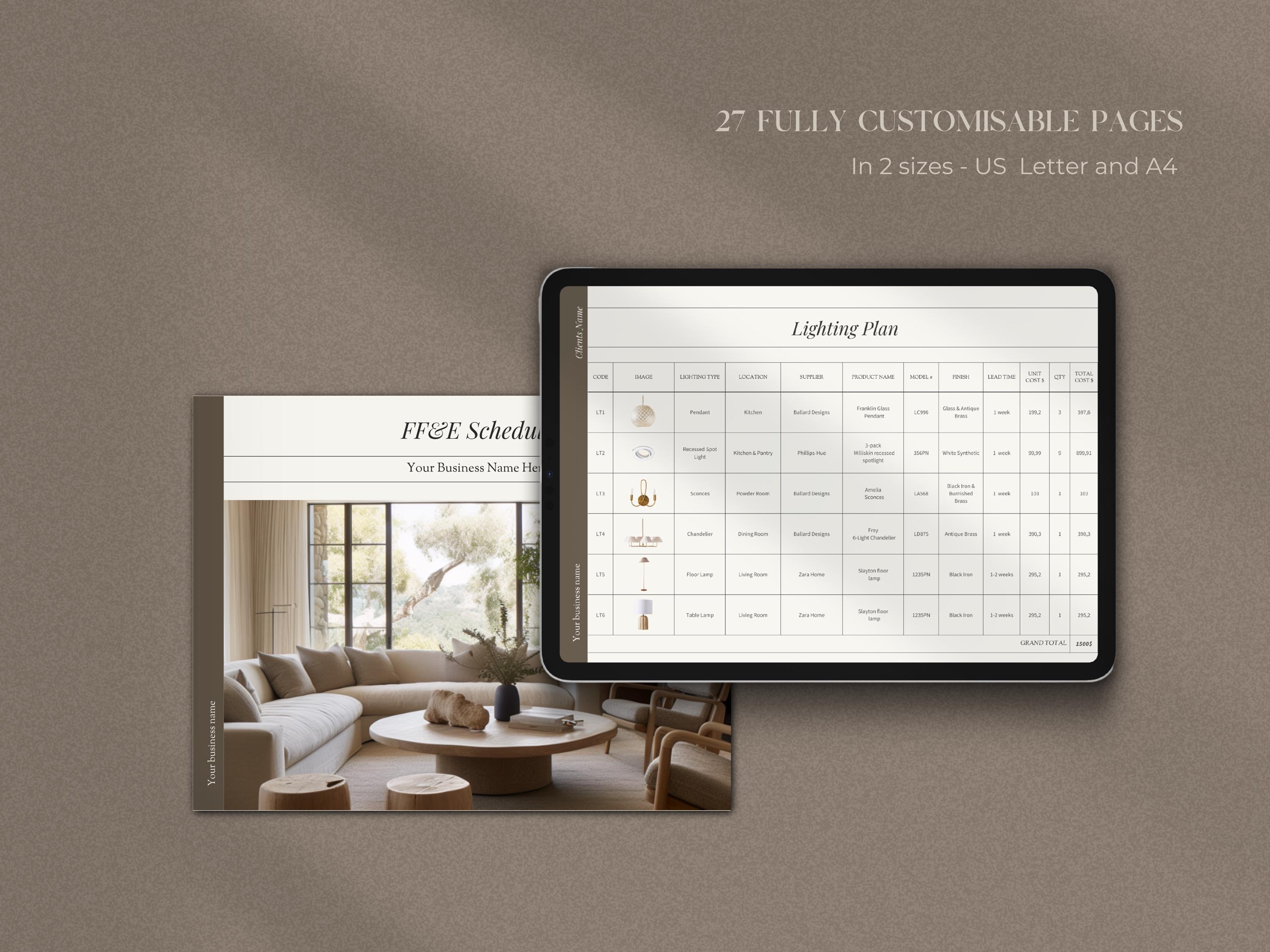 Interior Design Furniture, Finishes and Fixtures Schedule Template for ...
