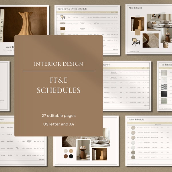 Interior Design Furniture, Finishes and Fixtures Schedule Template for Interior Designers, Canva Template, Includes Mood Board, FF&E