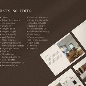 May include: A list of what's included in an interior design package. The list includes items such as a cover, table of contents, introduction, overview, project goals, project scope, inspiration, wall finishes, floor finishes, lighting plan, lighting fixtures, mood board, concept board, colour palette, furniture selection, and furniture layout. The list also includes items such as window treatment, shopping list, bespoke joinery, material board, material samples, upholstery, elevation page, 3D rendering page, next steps, timeline, and thank you.
