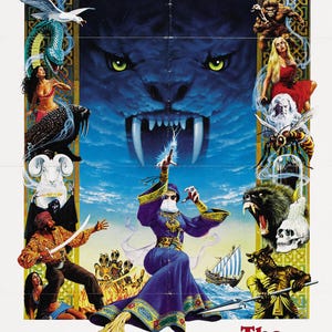 Peut inclure: Affiche du film "Sinbad et l'Œil du Tigre". L'image centrale est le visage d'un tigre avec des yeux brillants. Autour du tigre, on trouve diverses créatures et personnages fantastiques, avec le titre en haut.