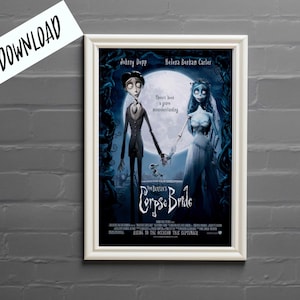 May include: Framed movie poster for "Corpse Bride" featuring Johnny Depp and Helena Bonham Carter. The poster shows the animated characters holding hands in front of a full moon. The words "Digital Download" are in the upper left corner.