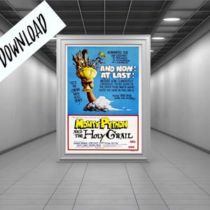 May include: A vintage movie poster for Monty Python and the Holy Grail. The poster features a blue background with a cartoon image of a knight holding a golden chalice. The text "Monty Python and the Holy Grail" is in yellow letters.