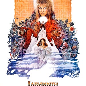 May include: A film poster for the movie Labyrinth, showcasing a fantastical world with a labyrinth, a castle, and various creatures. The poster features David Bowie as Jareth the Goblin King, Jennifer Connelly as Sarah Williams, and a range of other characters. The poster is designed in a vibrant, colourful style.
