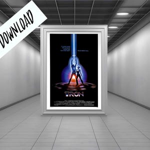 May include: A movie poster for the film "TRON" featuring a man and a woman in futuristic attire standing on a glowing platform. The poster is framed and displayed in a hallway.
