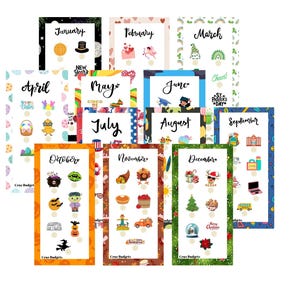 May include: A collection of twelve colorful monthly calendar prints, each with a unique border and themed illustrations. Months include January, February, March, April, May, June, July, August, September, October, November, and December. Each print features holiday-related icons.