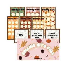 Può includere: Una collezione di carte da gioco a tema autunnale. Le carte mostrano testo come "Rolling a D4", "Rolling a D6", "Rolling a D8", "Rolling a D10", "Rolling a D12" e "Rolling a D20". Ulteriori carte dicono "IOU", "Aggiungi $1 al lancio successivo" e "Aggiungi $2 al lancio successivo". Una carta più grande dice "Rolling into Fall".