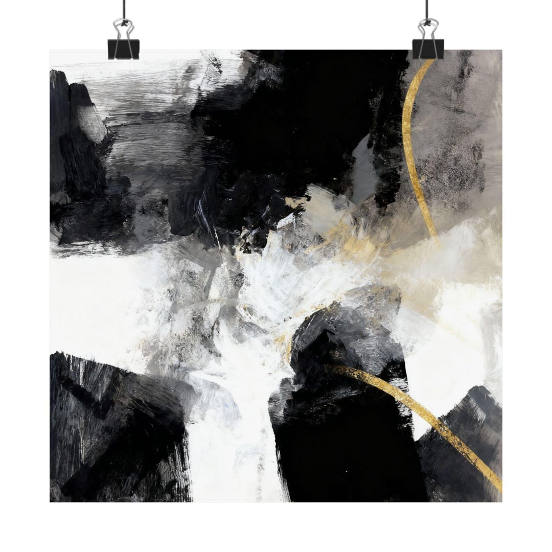 Black White Gold Abstract Painting Matte Poster | Modern Wall Art - Etsy