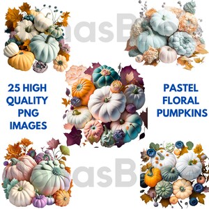 Watercolor Floral Pumpkin Clipart - Pastel Floral Pumpkins in PNG format instant download for commercial use