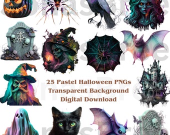 Pastel Halloween Clipart png bundle - 25 PNG Transparent background, commercial use, digital graphics, instant download