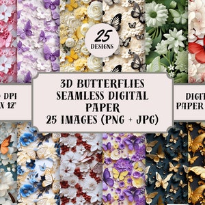 3D-Schmetterlinge, digitale Papierpackung, Schmetterlingspapier, Blumen Clip Art, Schmetterlingsmuster, Blumen, Blätter, Farbe, digitaler Download, PNG, JPG