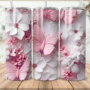 3D Pink Butterfly floral 20 oz Skinny Tumbler Sublimation Design, Instant Digital Download PNG, Straight Tumbler Wrap, 3D Tumbler Design