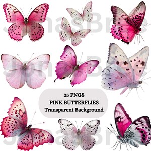 ピンクの蝶のクリップアート png バンドル、25 PNG、透明な背景、商用利用、デジタル グラフィック、即時ダウンロード