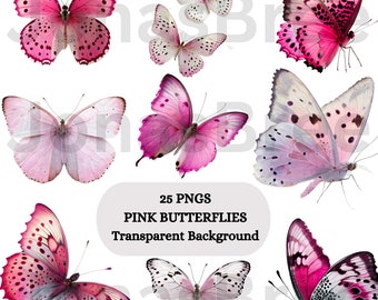 Pink Butterflies Clipart png bundle, 25 PNG, Transparent background, commercial use, digital graphics, instant download