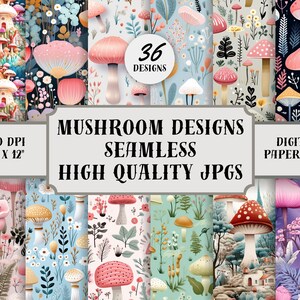36 Paquete de papel digital SEAMLESS Mushrooms, cartel de setas, patrón de setas, impresión de setas, descarga digital, uso comercial, JPG de 400 ppp