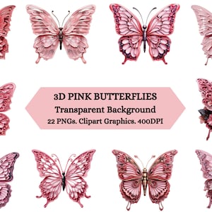 Pacote 3D Pink Butterflies Clipart png, 22 PNG, fundo transparente, uso comercial, gráficos digitais, download instantâneo