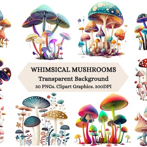 Pacote de clipart de cogumelos fantasia caprichosos, 30 PNGs, fundo transparente, uso comercial, gráficos digitais, download instantâneo