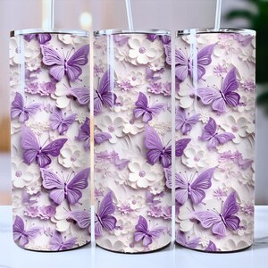 3D lila Schmetterling floral 20 oz Skinny Becher Sublimation Design, sofortiger digitaler Download PNG, gerader Becher Wrap, 3D Becher Design