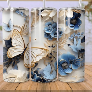 3D Blue Butterfly fiori 20 oz Skinny Tumbler Sublimation Design, Download digitale istantaneo PNG, Straight Tumbler Wrap, 3D Tumbler Design