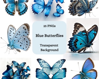 Blue Butterflies Clipart png bundle, 25 PNG, Transparent background, commercial use, digital graphics, instant download