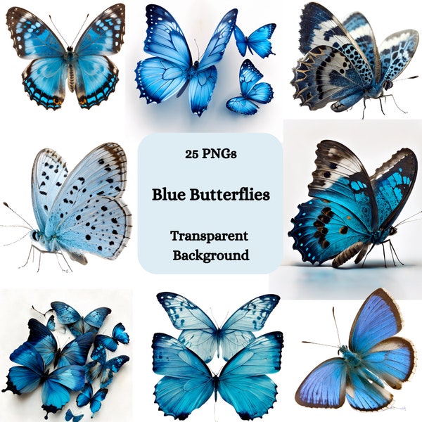 Blue Butterflies Clipart png bundle, 25 PNG, Transparent background, commercial use, digital graphics, instant download