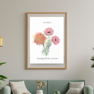 October Birth Flower Decoration Wall Art | October Birth Month Wall Art | Marigold & Cosmo | Minimalist Botanical Print | Digital Wall Print