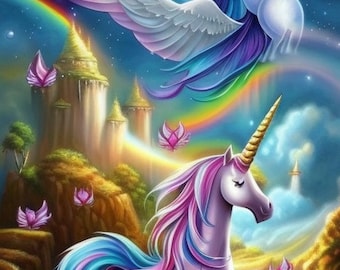 Pode incluir: Um unicórnio roxo e rosa com um chifre de arco-íris está em uma paisagem mágica com um arco-íris e um castelo ao fundo. Borboletas cor-de-rosa voam ao redor do unicórnio.
