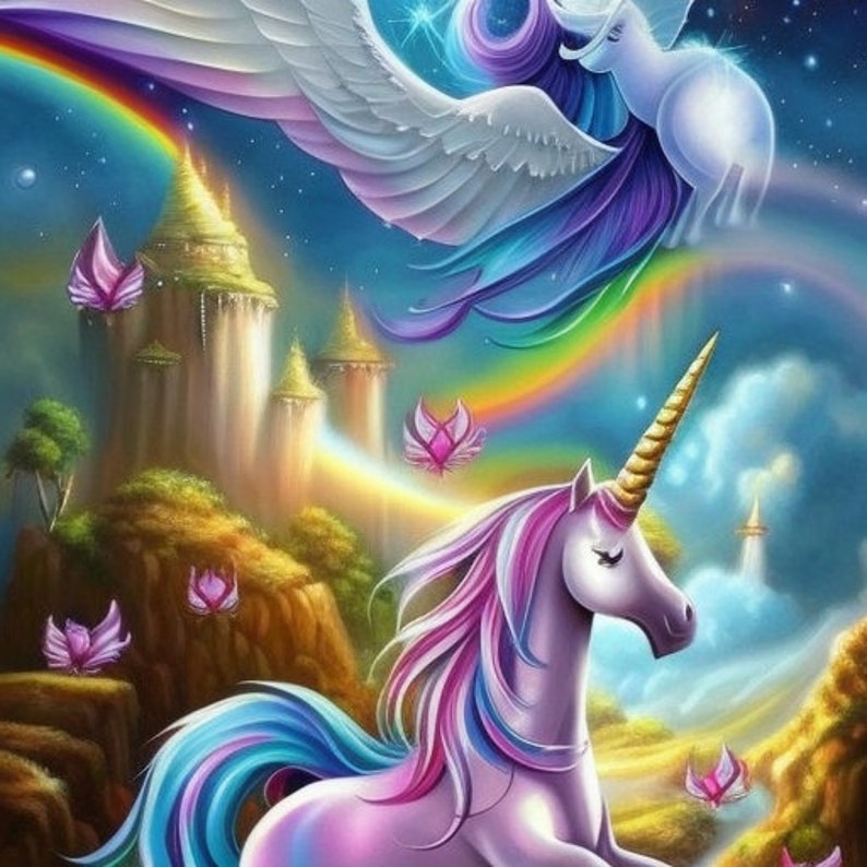 May include: A purple and pink unicorn with a rainbow horn stands in a magical landscape with a rainbow and a castle in the background.  Pink butterflies are flying around the unicorn.