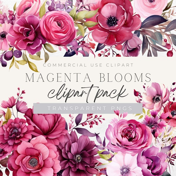 Magenta Flowers Clipart, Commercial Use, Instant download, Watercolor wedding invites, floral png, pink flower bundle, spring, summer, vivid
