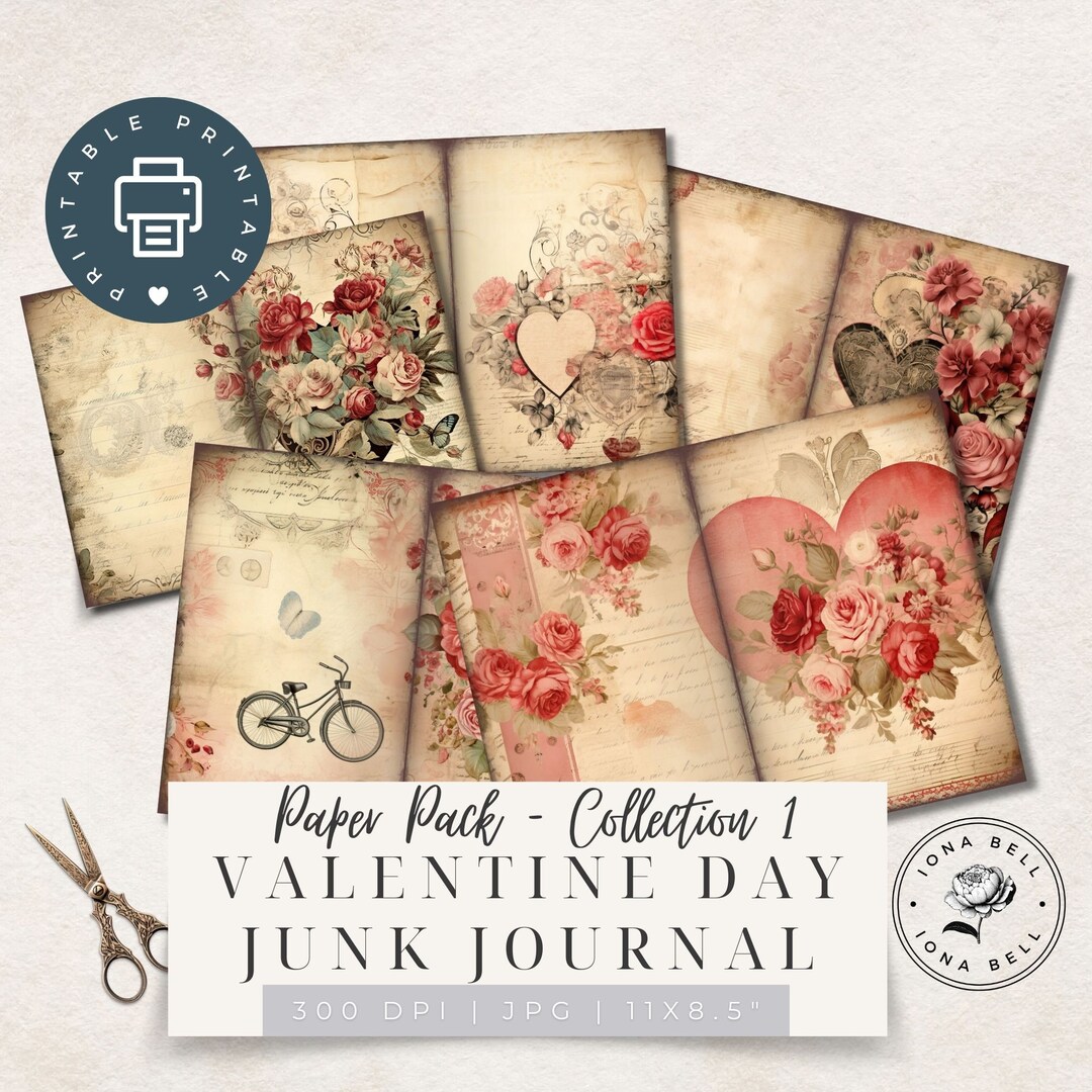 Romantic Love Junk Journal Kit, Valentine Junk Journal Pages, Printable