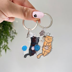 Cat and Yarn Keychain, Cute Cat Keychain, Black Cat Keychain, Orange Cat Keychain, Cat Accessories
