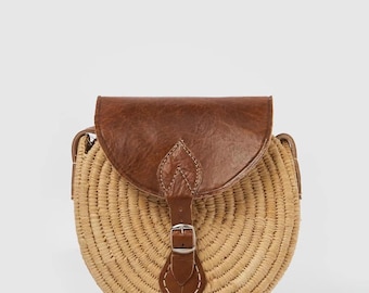 Moroccan Straw Crossbody Bag with Genuine Leather | Handwoven in Morocco | Boho Mediterranean Travel Bag | Be Esther