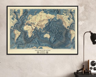 World Map of The Floor of the Oceans 1976 Vintage 70s Poster Print Chart Geographical Bathymetric Naval US U.S Navy Premium Quality