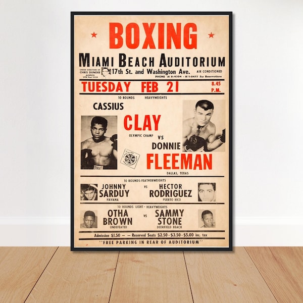 Cassius Clay (Muhammad Ali) versus Donnie Fleeman 60s Vintage bokswedstrijd Poster Print Promo Promotionele reclamebrochure Ad Flyer