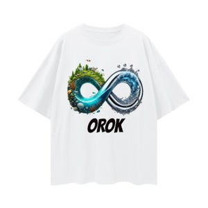 May include: White t-shirt featuring a graphic of an infinity symbol. The symbol is formed from a blue wave and a green landmass. The word "OROK" is printed beneath the symbol.