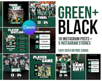 Sports Team Instagram Canva Pack, Green and Black, High School Sports, sports bundle, Team Social Media Posts, Gameday, Football, Soccer