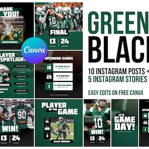 Sports Team Instagram Canva Pack, Green and Black, High School Sports, sports bundle, Team Social Media Posts, Gameday, Football, Soccer