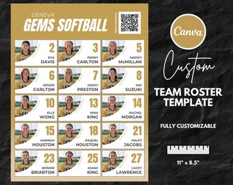 May include: A custom team roster template for Geneva Gems Softball, featuring player photos and numbers. The design includes the Canva logo, the text "Custom Team Roster Template," and dimensions of 11" x 8.5".