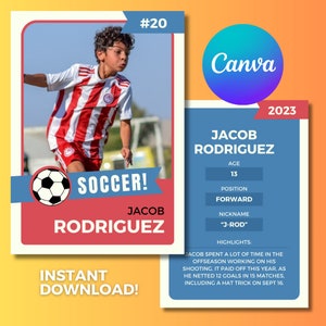 Benutzerdefinierte Fußball-Karte, bearbeitbare Canva-Vorlage, Trading Football Foto, digitaler Download, Geschenk für Spieler, Erstellen Sie Ihre eigene, Kartenvorlage