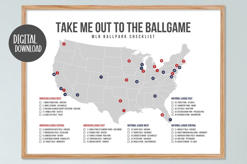 Printable, MLB Ballpark Tracker, Ballpark Map, MLB Ballpark Bucket List