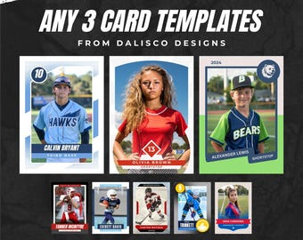 Puede incluir: Un conjunto de nueve plantillas de tarjetas deportivas personalizables que presentan diferentes deportes y atletas. Las plantillas están diseñadas con un aspecto vintage e incluyen espacio para una foto, un nombre, un equipo y una posición.