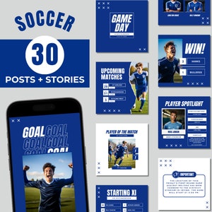 Soccer Canva Templates, Instagram Posts, Team Social Media, Social Media Manager, Soccer IG Content, Soccer Bundle, High School Sports, Blue
